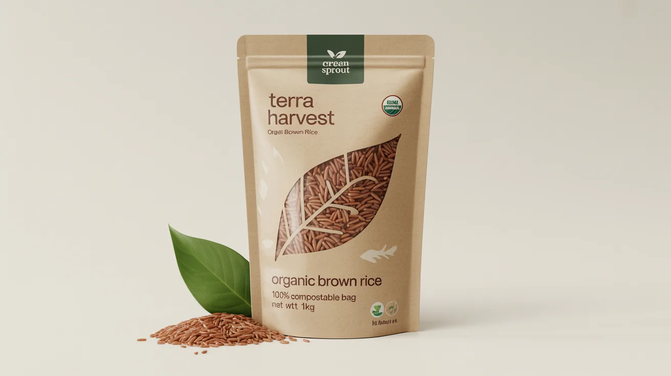 A product mockup of an eco-friendly bag of rice made from brown kraft paper, featuring the brand name 'Terra Harvest' and a clear window showing the rice inside, set against a plain white background.