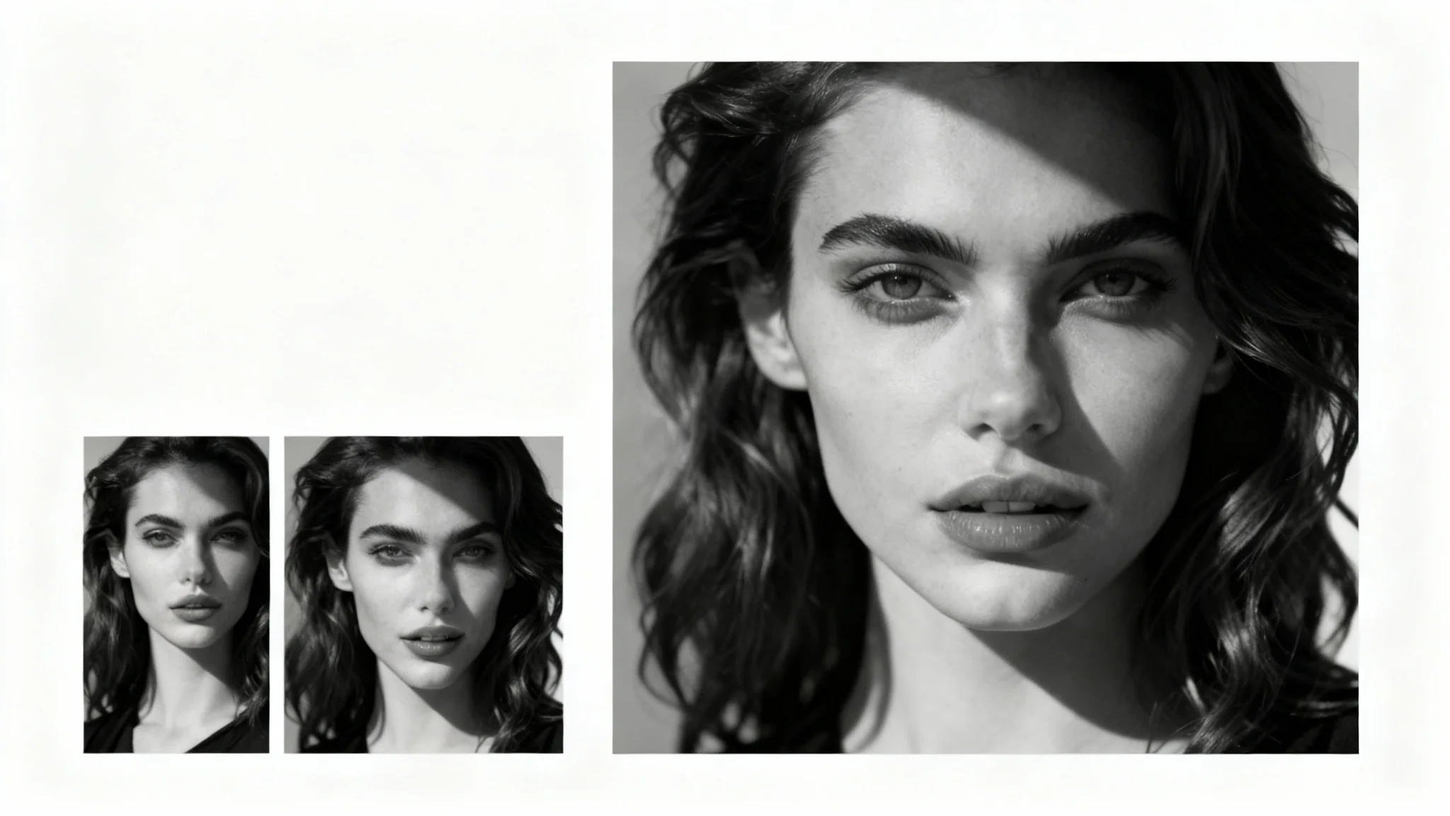 A collage showing three variations of a professional black and white profile picture of a young woman, demonstrating the final output of a design tool.