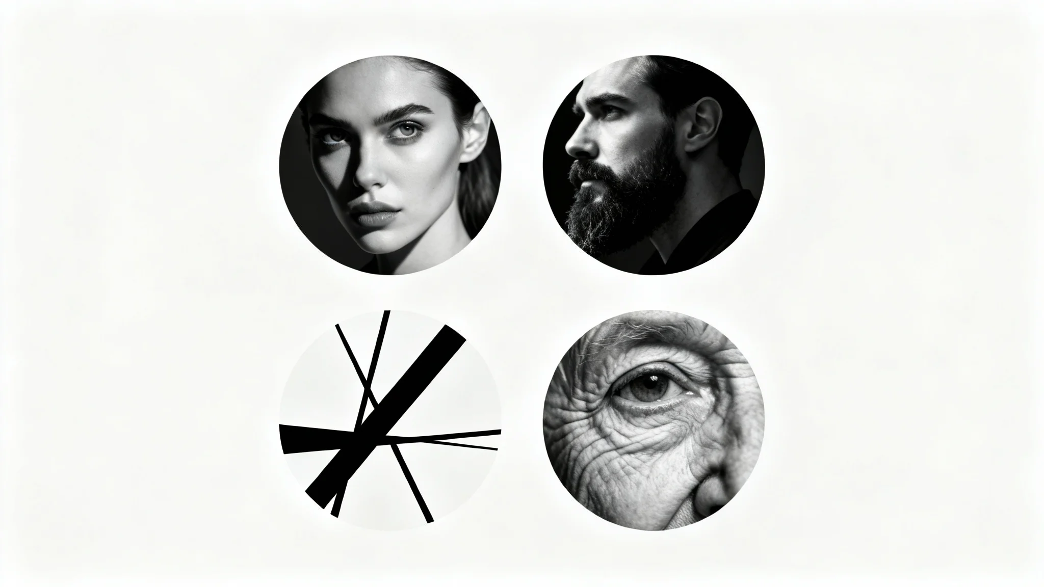 A mockup showcasing four distinct black and white profile pictures on a white background. The images include high-contrast portraits of a woman, a man, an abstract design, and an elderly person's eye.