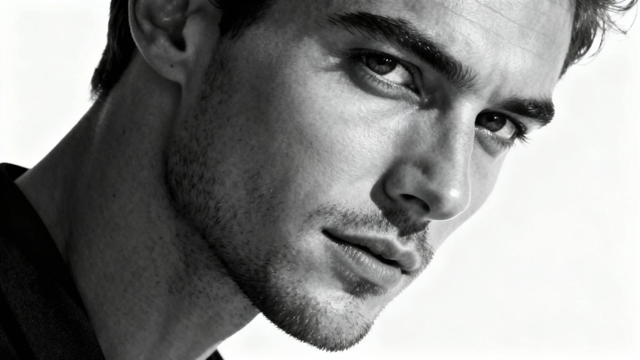 A dramatic, high-contrast black and white studio portrait of a man looking thoughtfully away from the camera, set against a solid white background, representing a professional profile picture.