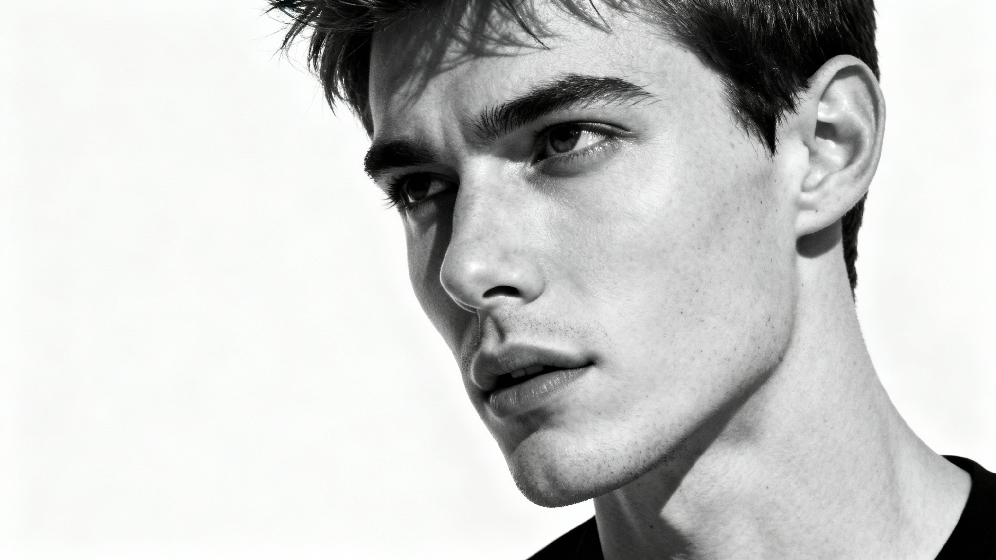 A dramatic black and white close-up portrait of a man, showcasing an artistic and sophisticated profile picture against a clean white background.