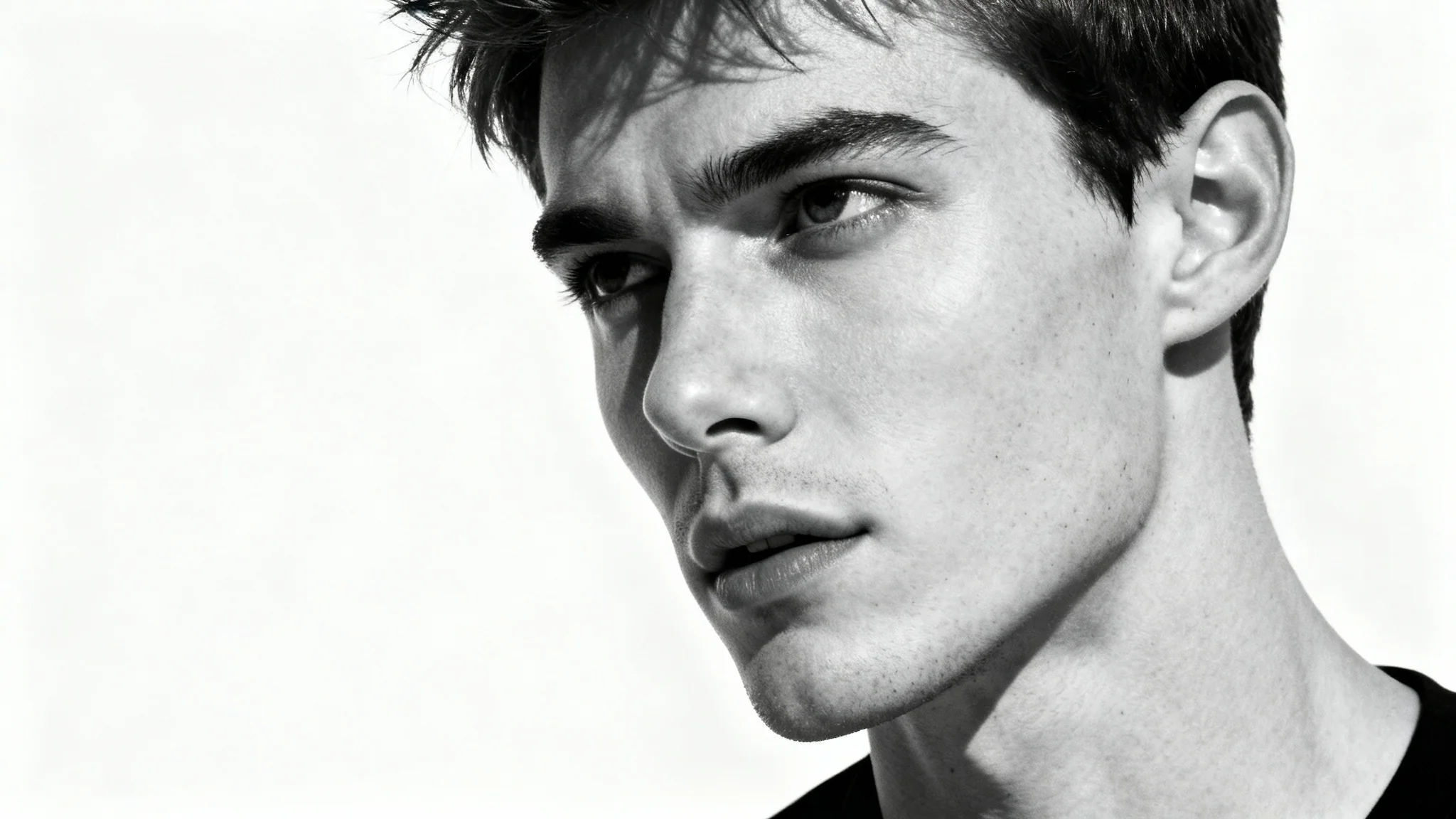 A dramatic black and white close-up portrait of a man, showcasing an artistic and sophisticated profile picture against a clean white background.