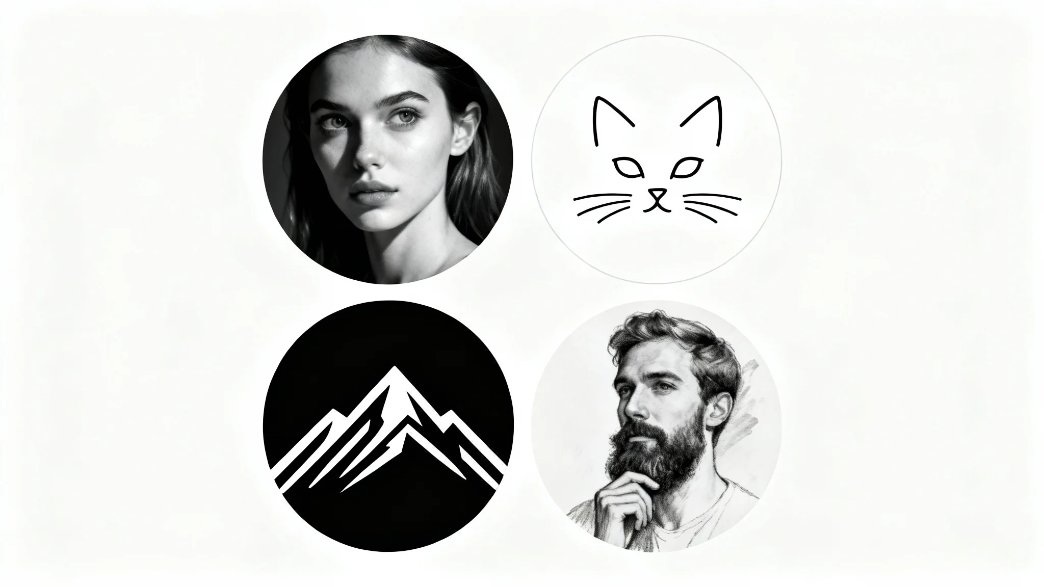 A grid of four circular black and white profile pictures on a white background, showcasing different styles: a realistic female portrait, a minimalist cat illustration, a graphic mountain peak, and a charcoal sketch of a man.