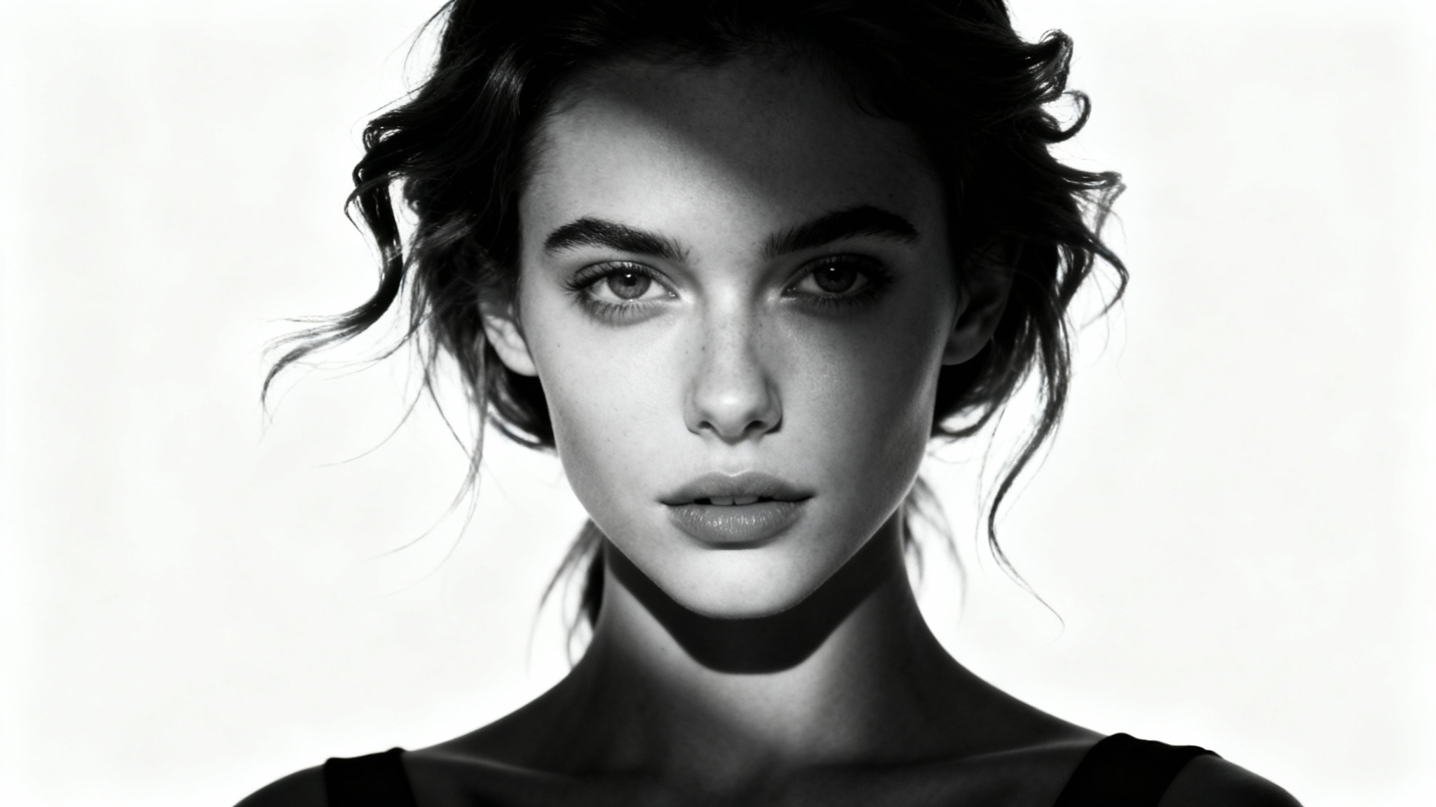 A dramatic, high-contrast black and white profile picture of a young woman looking confidently into the camera, set against a plain white background.