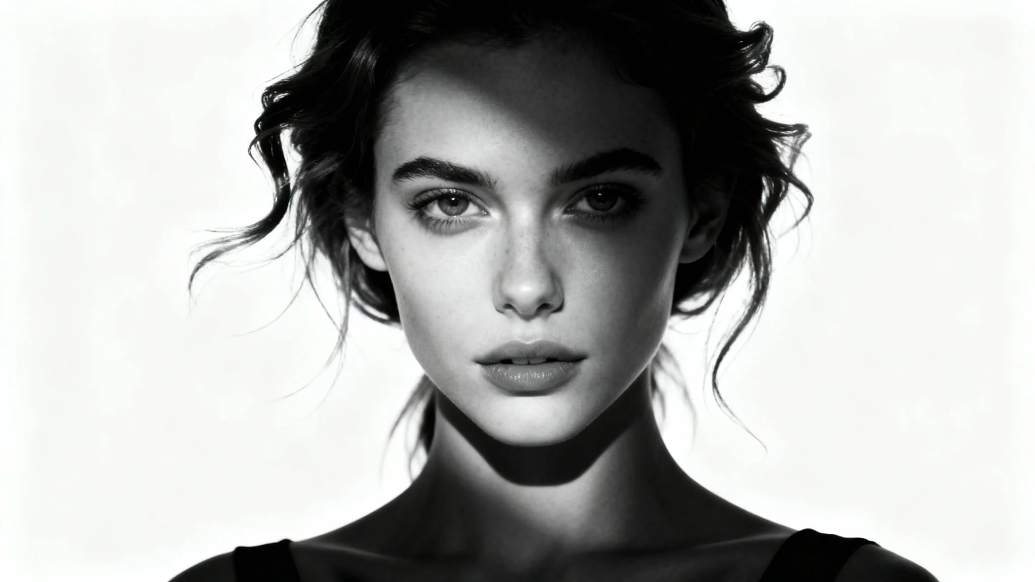 A dramatic, high-contrast black and white profile picture of a young woman looking confidently into the camera, set against a plain white background.