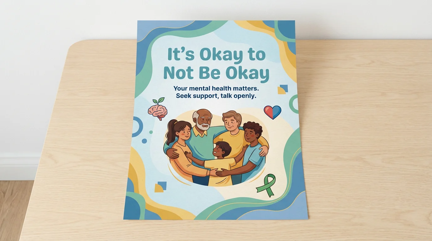 A professionally designed mental health awareness poster shown in its final form. It features a diverse group of people, calming colors, and the primary text 'It's Okay to Not Be Okay'.
