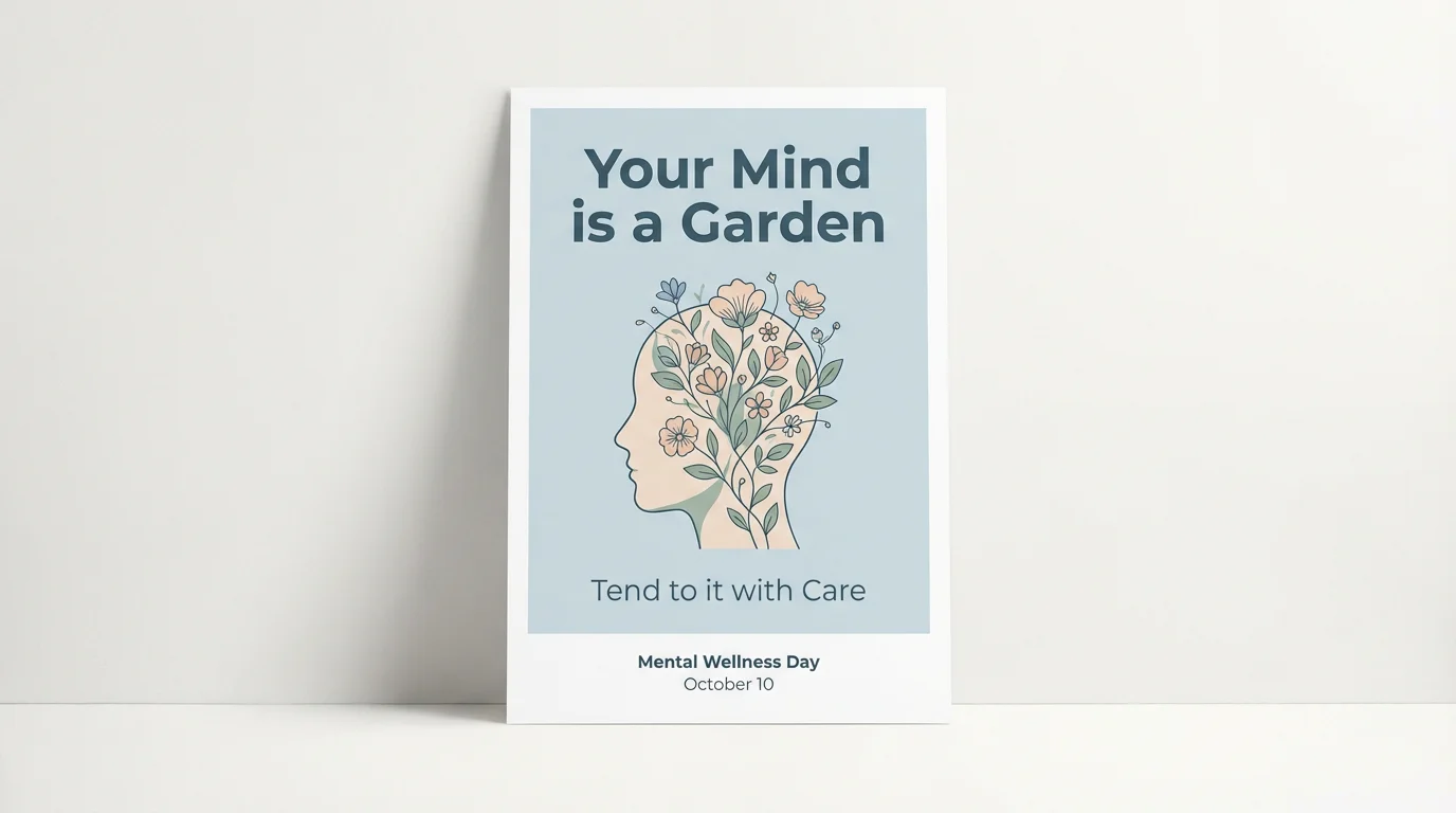 A mockup of a mental health awareness poster featuring a stylized illustration of a human head with flowers blooming inside, with the text 'Your Mind is a Garden. Tend to it with Care.'