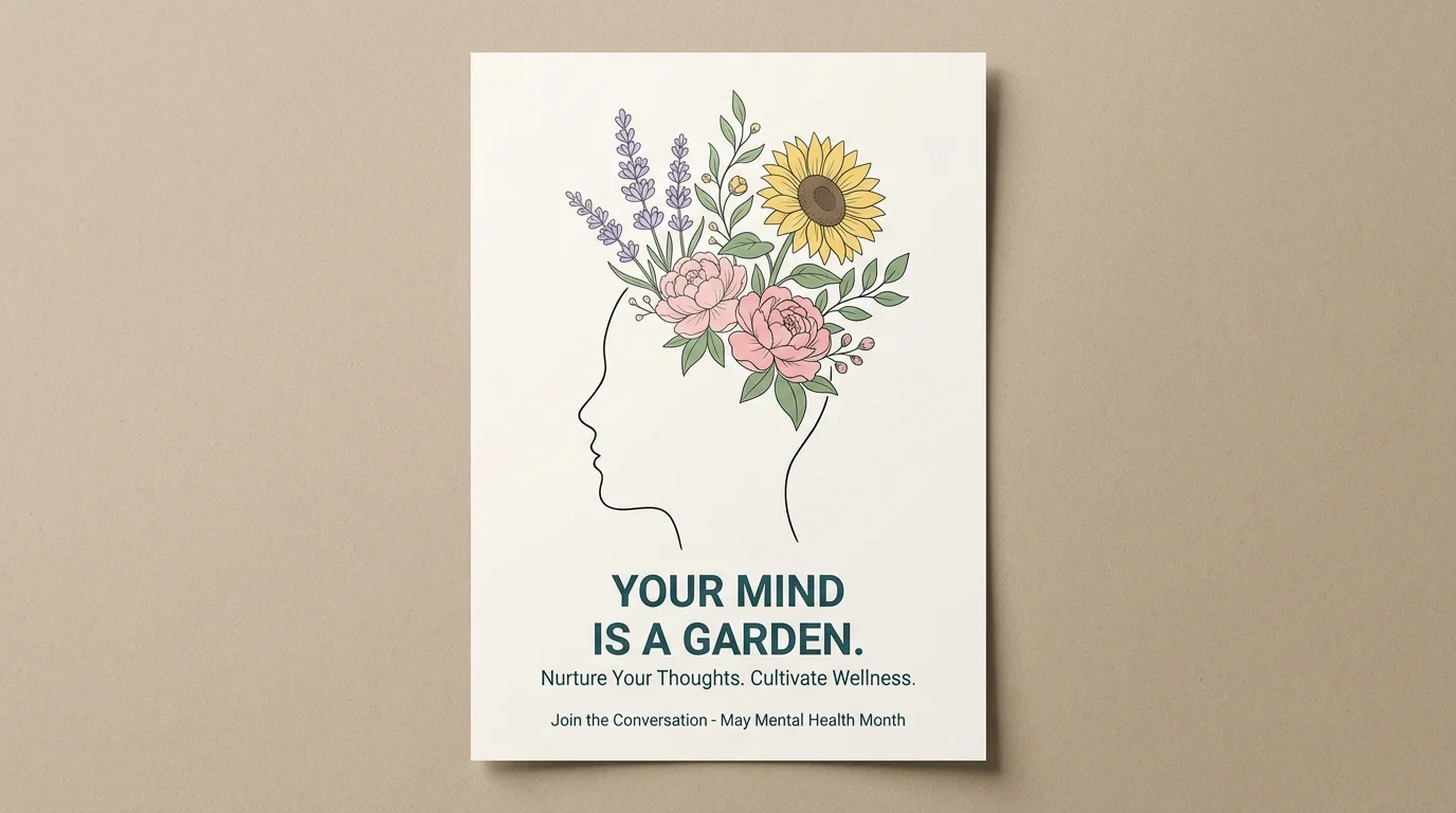 A mental health awareness poster featuring a line drawing of a human head in profile. A bouquet of colorful flowers and leaves grows from the top of the head. Below the image, the text reads 'YOUR MIND IS A GARDEN. Nurture Your Thoughts. Cultivate Wellness.'