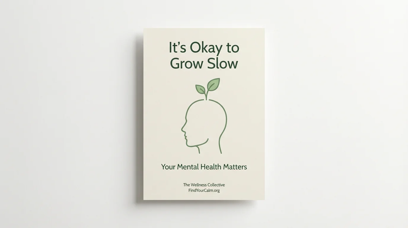 A mockup of a mental health awareness poster featuring a line drawing of a head with a sprout growing from it. The text reads 'It's Okay to Grow Slow' and 'Your Mental Health Matters'.