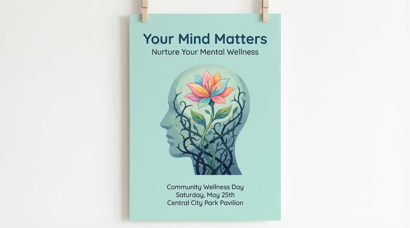 A modern mental health awareness poster mockup. It features a stylized head with tangled vines inside, from which a bright flower blooms, symbolizing hope. The text reads 'Your Mind Matters' and 'Nurture Your Mental Wellness'.
