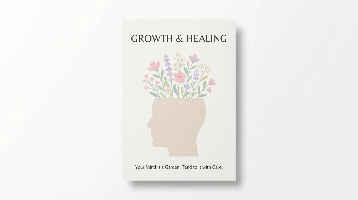A mockup of a mental health awareness poster on a white background. The poster features a silhouette of a head with flowers growing out of it, with the text 'GROWTH & HEALING' and 'Your Mind is a Garden. Tend to it with Care.' in a calm, pastel color scheme.