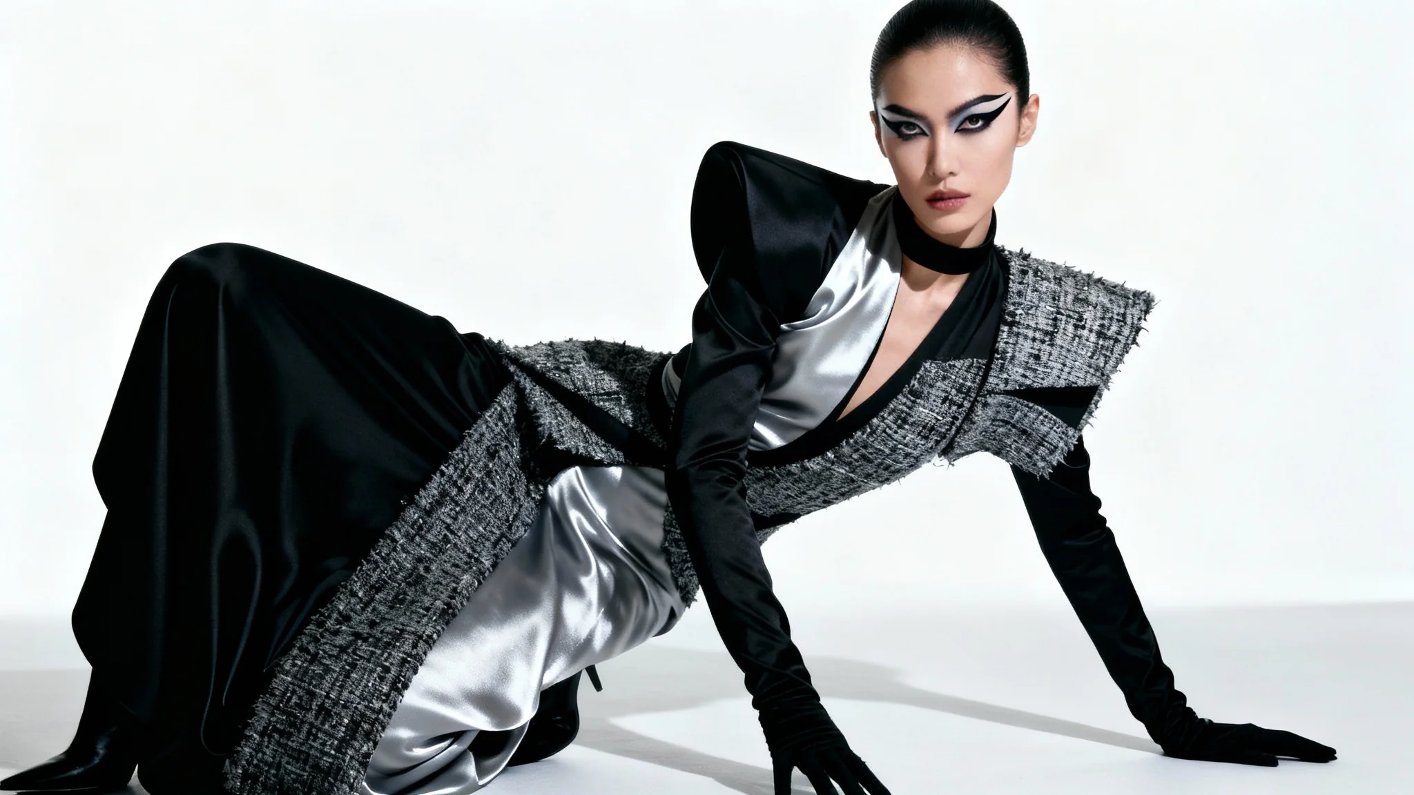 A high fashion model in a black and silver avant-garde outfit with bold makeup, posing dramatically against a solid white background in a studio setting.