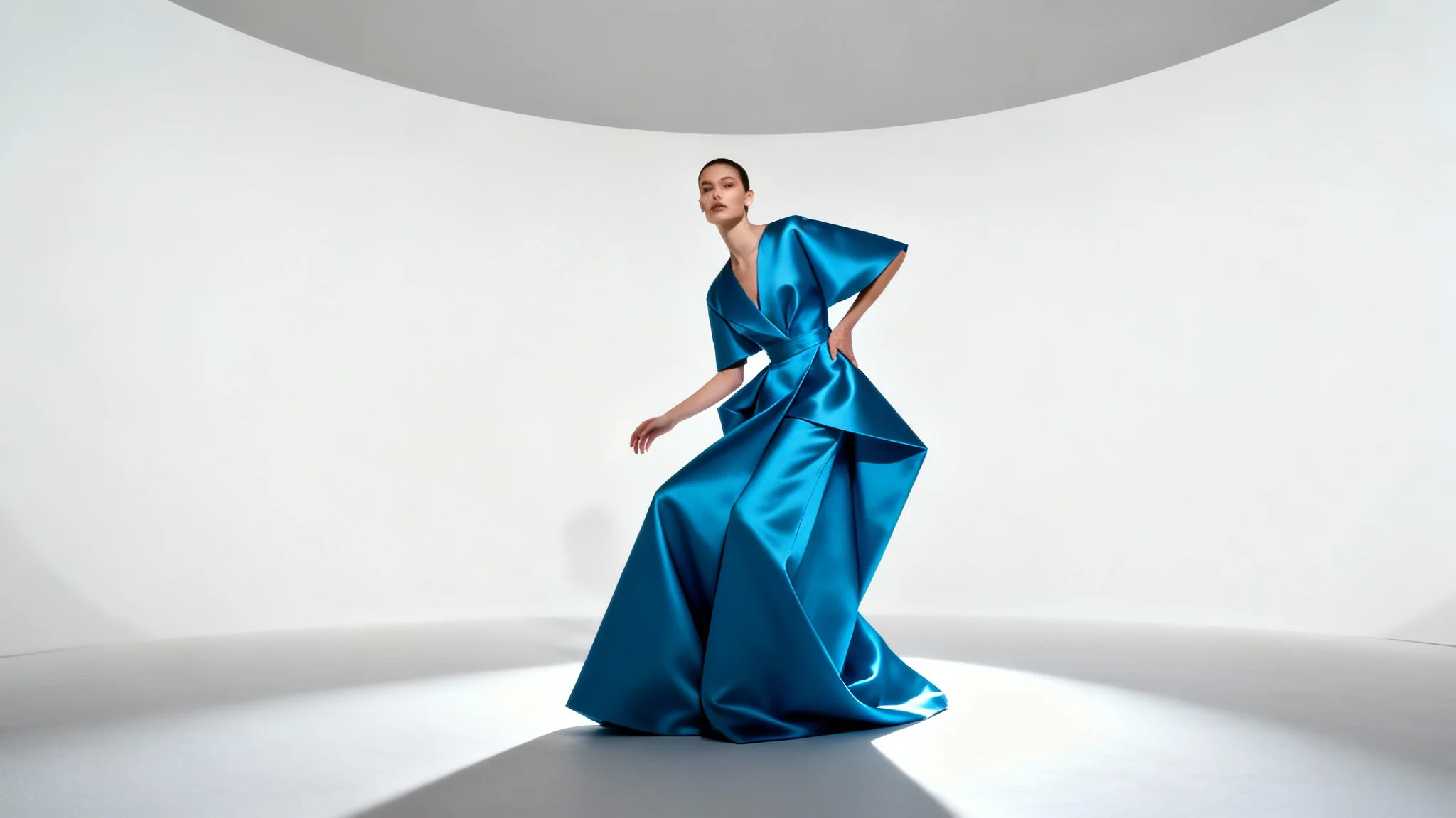 A high-fashion model in a striking blue architectural gown posing elegantly against a stark white studio background, an example of professional fashion photography.