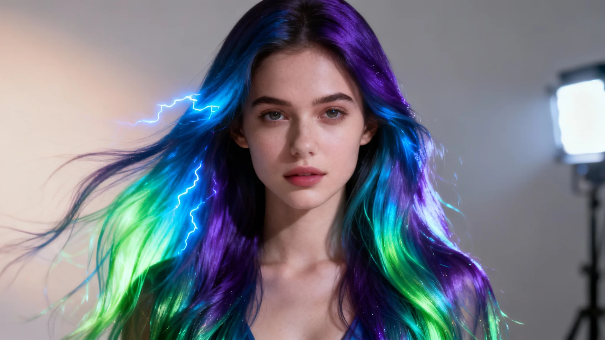 Hero image demonstrating a hair color changing tool, featuring a close-up of a woman with long, wavy hair colored in a vibrant, multi-tonal aurora borealis pattern of blues, greens, and purples against a neutral background.