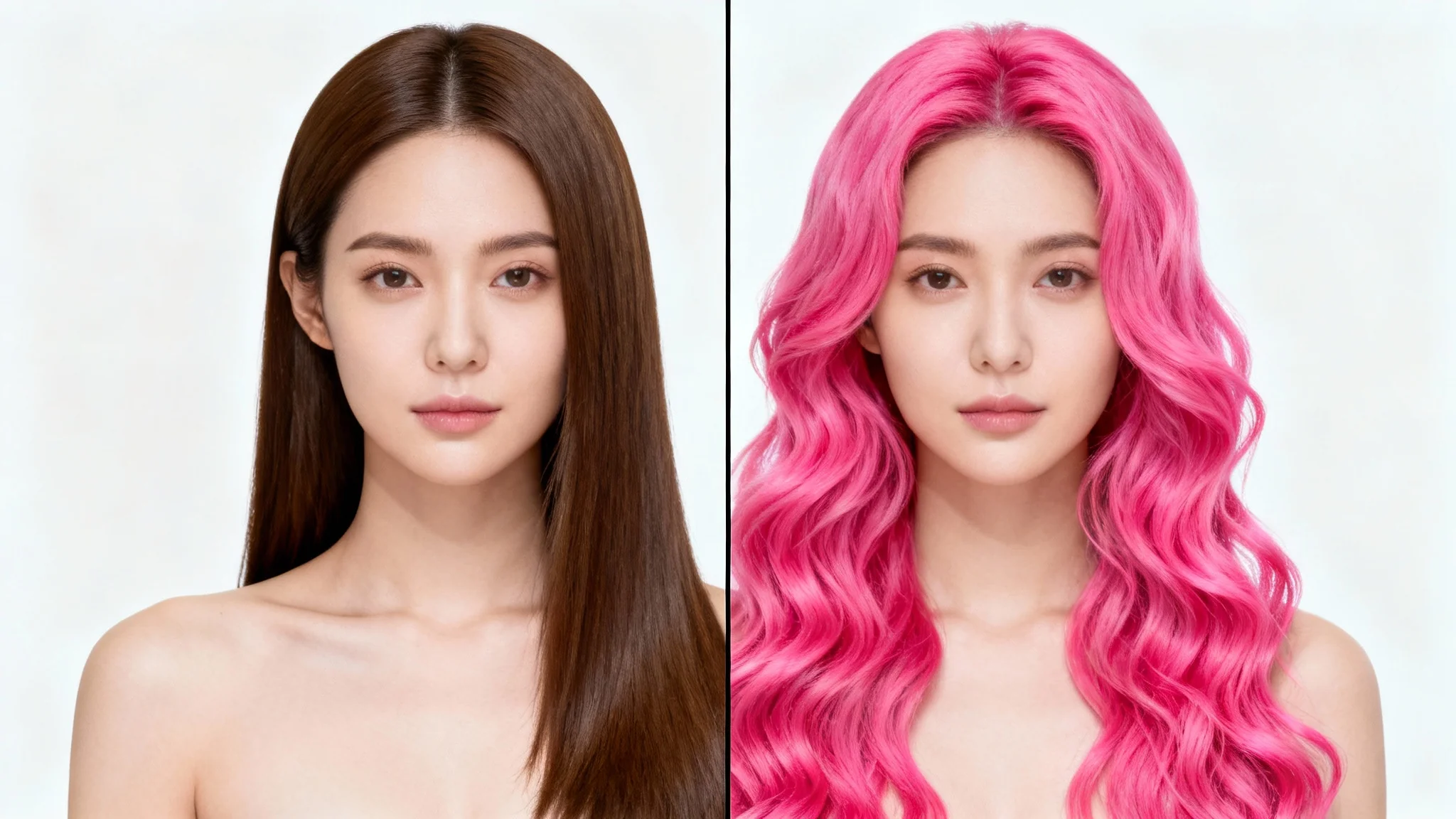 A split image demonstrating a hair color change on a woman. The left side shows her with natural brown hair, while the right side shows her with vibrant electric pink hair, against a white background.