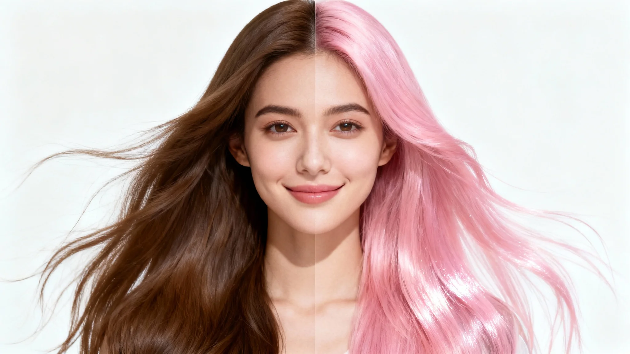 A split-screen portrait of a woman showing a hair color change from natural brunette on the left side to vibrant pastel pink on the right side, against a white background.