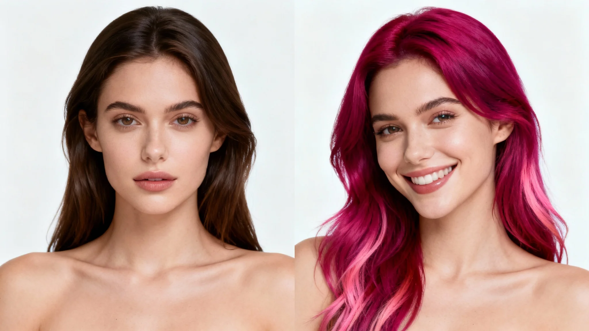 A split-screen, before-and-after image showing a woman's hair changing from natural brunette to a vibrant magenta, set against a plain white background.