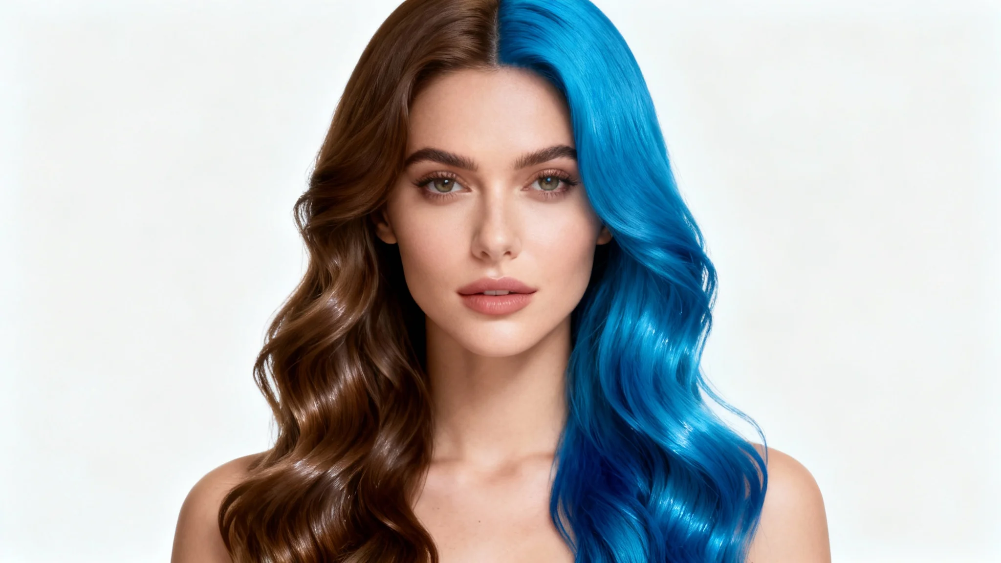 A close-up portrait of a woman demonstrating a hair color change. One side of her hair is natural brown, and the other is vibrant electric blue, against a plain white background.