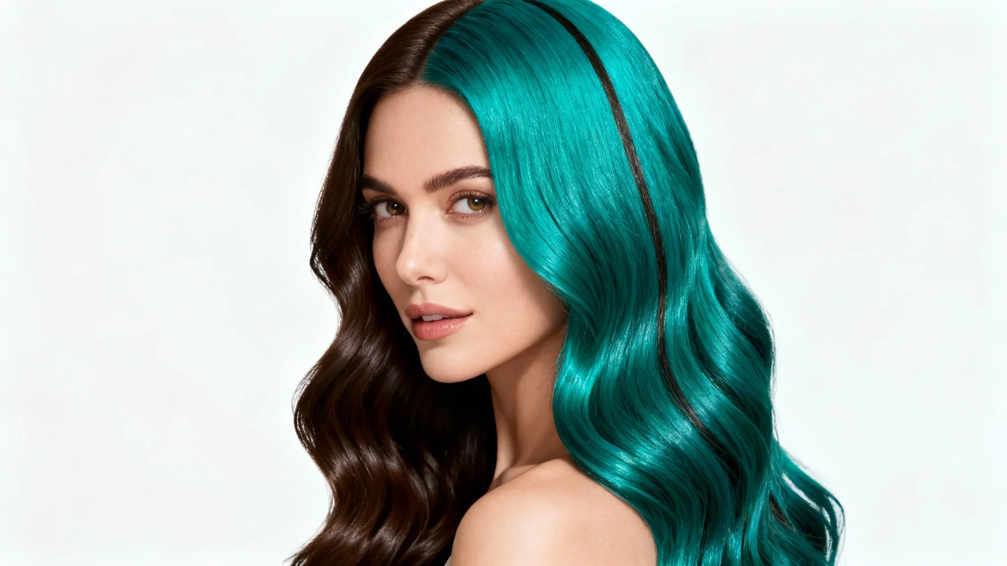 A photorealistic portrait of a woman showing a hair color change. Half of her hair is natural brunette, and the other half is vibrant teal, against a plain white background.