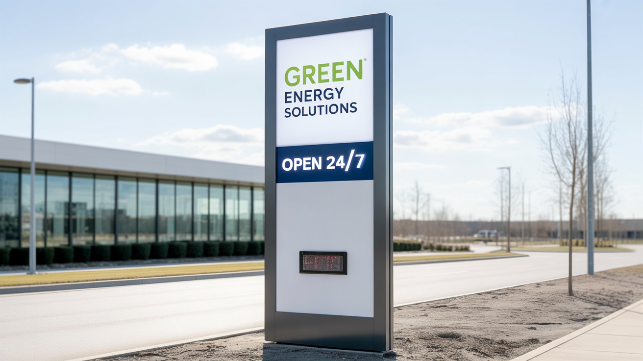 A tall, modern pylon sign for 'GREEN ENERGY SOLUTIONS' at the entrance of a business park, with illuminated text reading 'OPEN 24/7'.