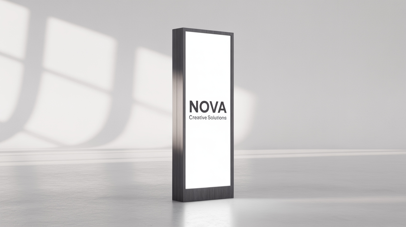 A professional mockup of a tall, modern pylon sign with the fictional brand name 'NOVA' and tagline 'CREATIVE SOLUTIONS' against a plain white background.