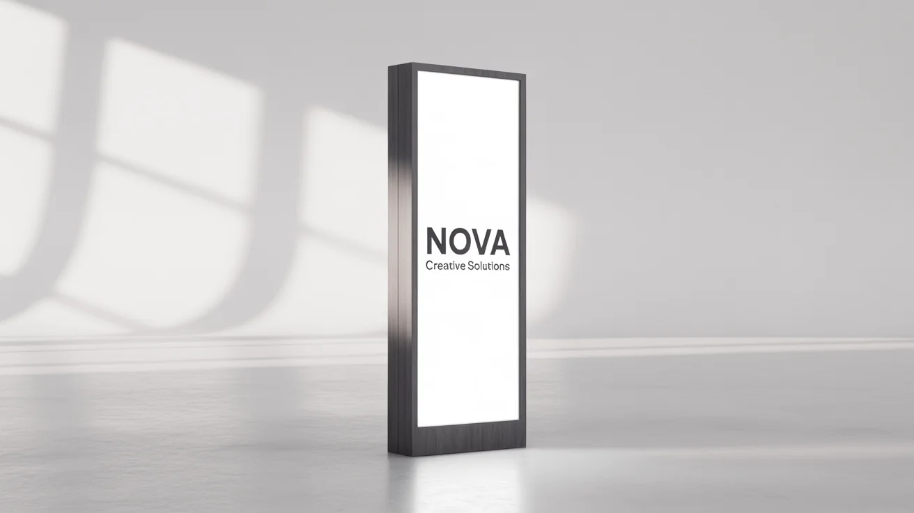 A professional mockup of a tall, modern pylon sign with the fictional brand name 'NOVA' and tagline 'CREATIVE SOLUTIONS' against a plain white background.