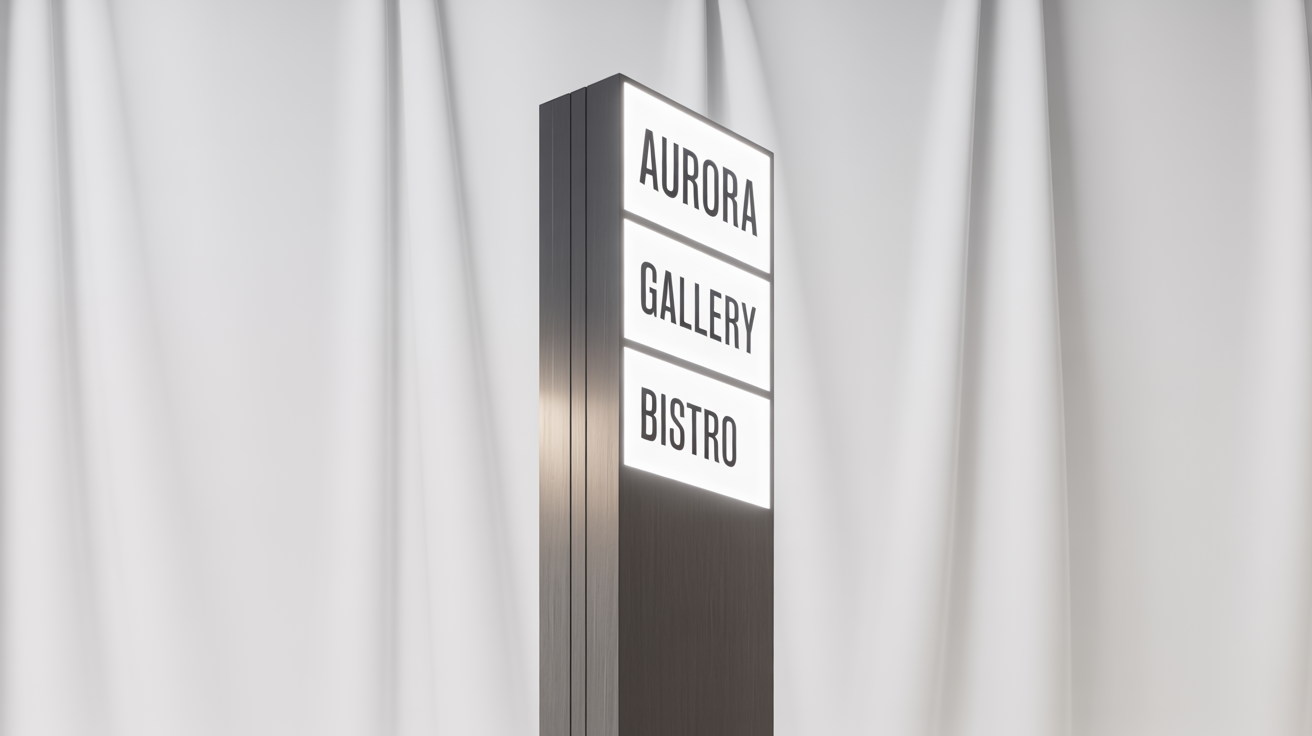 A modern, tall pylon sign with illuminated panels for 'AURORA', 'GALLERY', and 'BISTRO', presented as a product mockup against a white background.