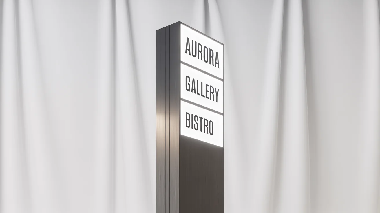 A modern, tall pylon sign with illuminated panels for 'AURORA', 'GALLERY', and 'BISTRO', presented as a product mockup against a white background.