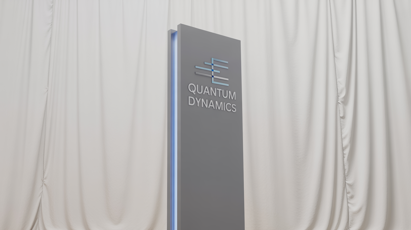 A modern, grey pylon sign with the words 'Quantum Dynamics' written on it, shown against a white background as a product mockup.