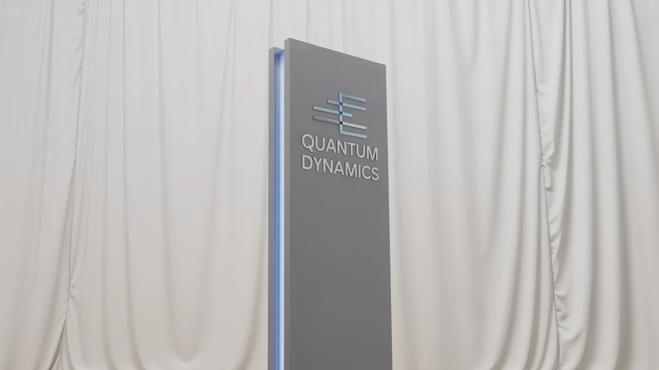 A modern, grey pylon sign with the words 'Quantum Dynamics' written on it, shown against a white background as a product mockup.