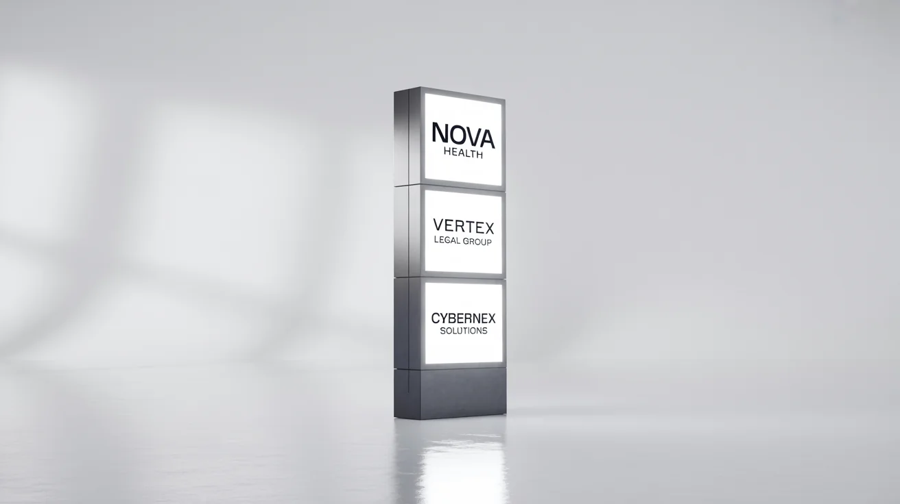 A photorealistic mockup of a modern, dark grey pylon sign featuring three illuminated white lightboxes with fictional business names against a plain white background.