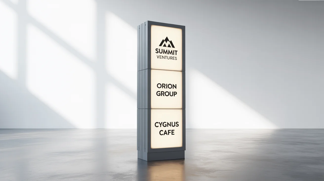 A professional mockup of a tall, modern pylon sign with a dark gray frame and three illuminated white panels for different businesses, set against a plain white background.