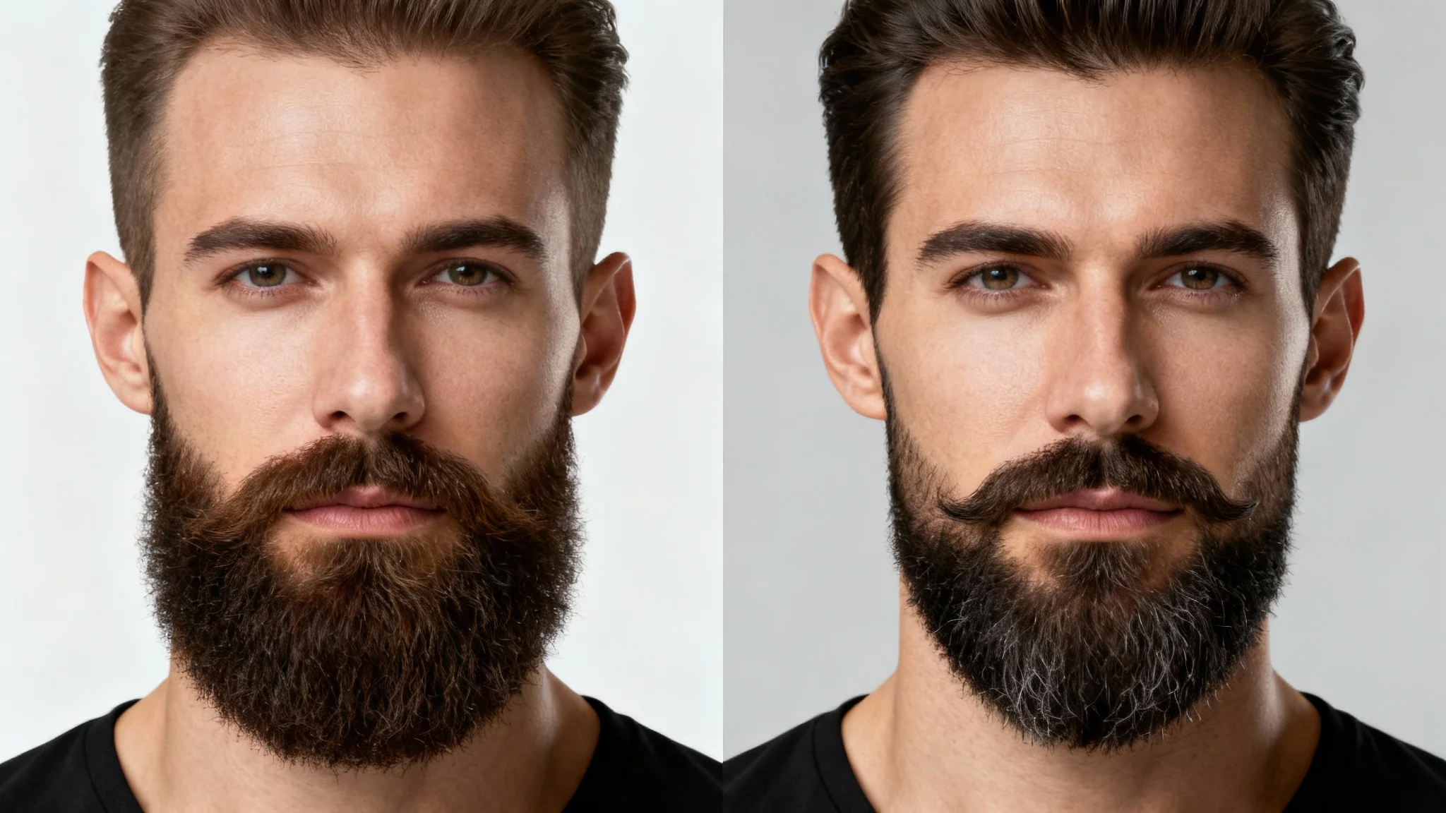 A 2x2 grid showing a man's face with four different AI-generated beard styles: clean-shaven, goatee, full beard, and stubble, demonstrating the variety of an AI beard generator.