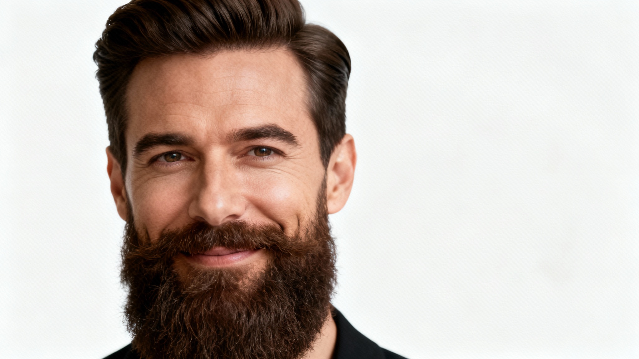 A close-up studio portrait of a smiling man with a perfectly groomed, full dark beard, against a clean white background.