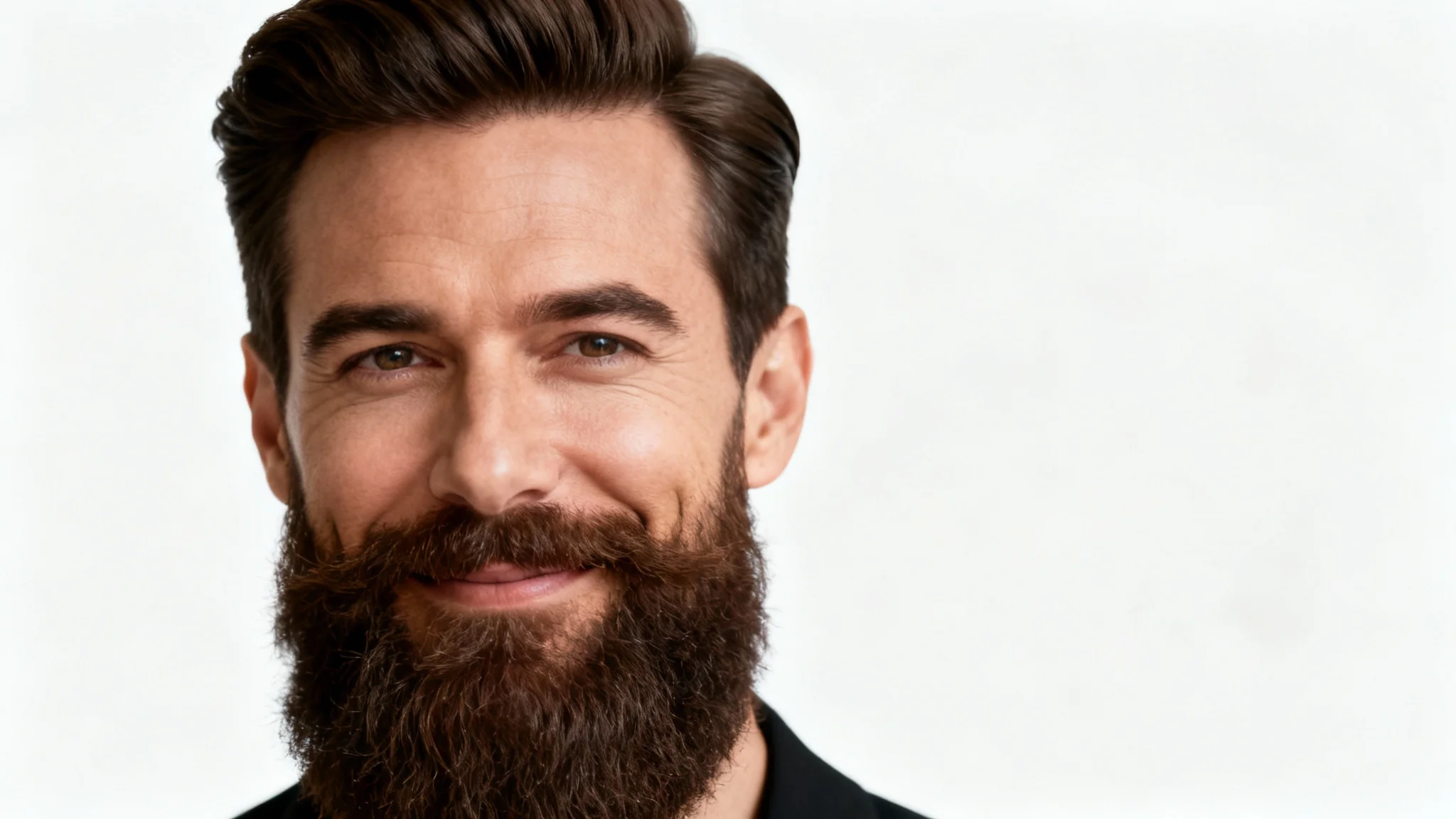 A close-up studio portrait of a smiling man with a perfectly groomed, full dark beard, against a clean white background.