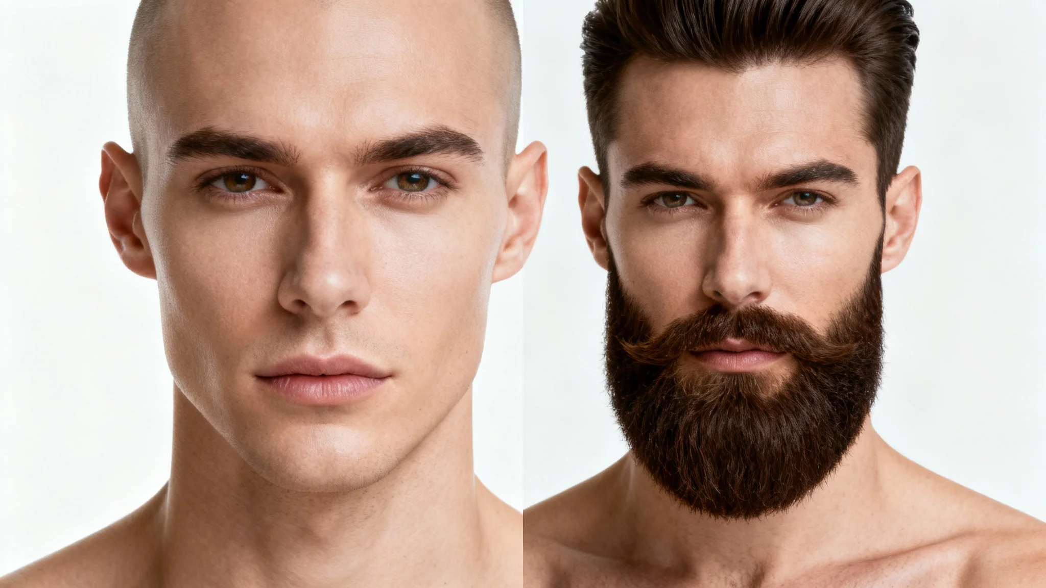 A dramatic close-up comparison portrait of a man's face. The left side is clean-shaven, while the right side has a perfectly groomed, full beard, illustrating the effect of a beard generator.