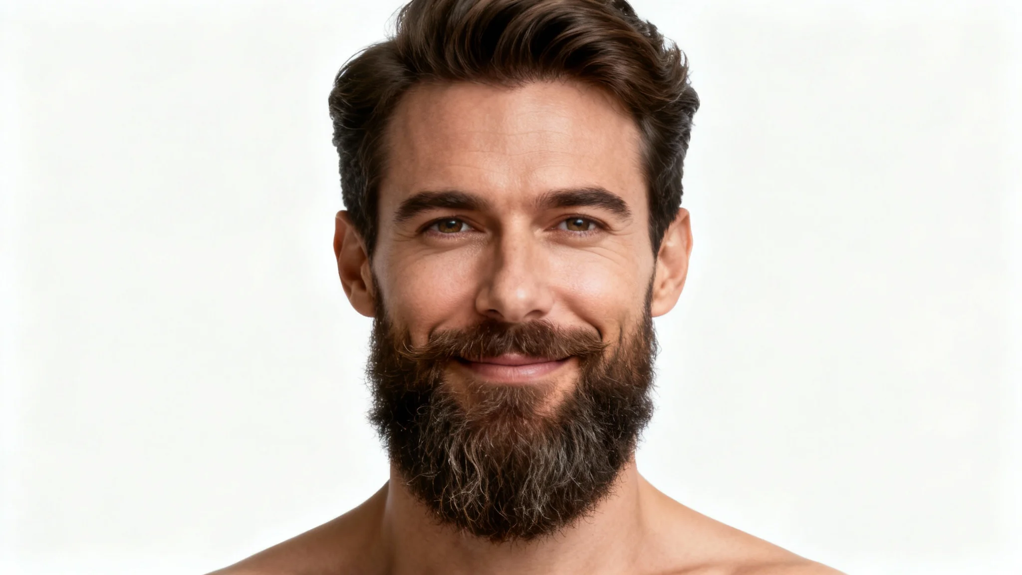 A studio portrait of a handsome man with a perfectly styled and groomed beard, smiling confidently against a plain white background.