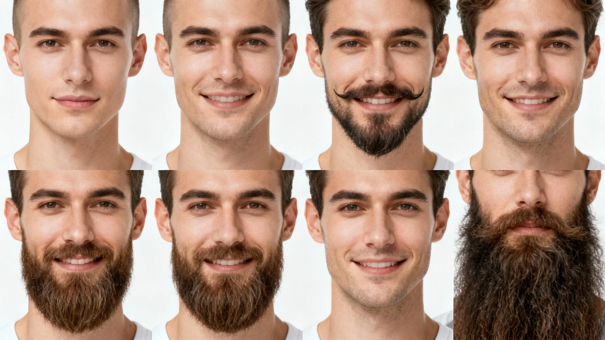 A composite image showing a man's face in four quadrants, each with a different style of facial hair: clean-shaven, a goatee, a short full beard, and a long rugged beard, demonstrating the variety of an AI beard generator.