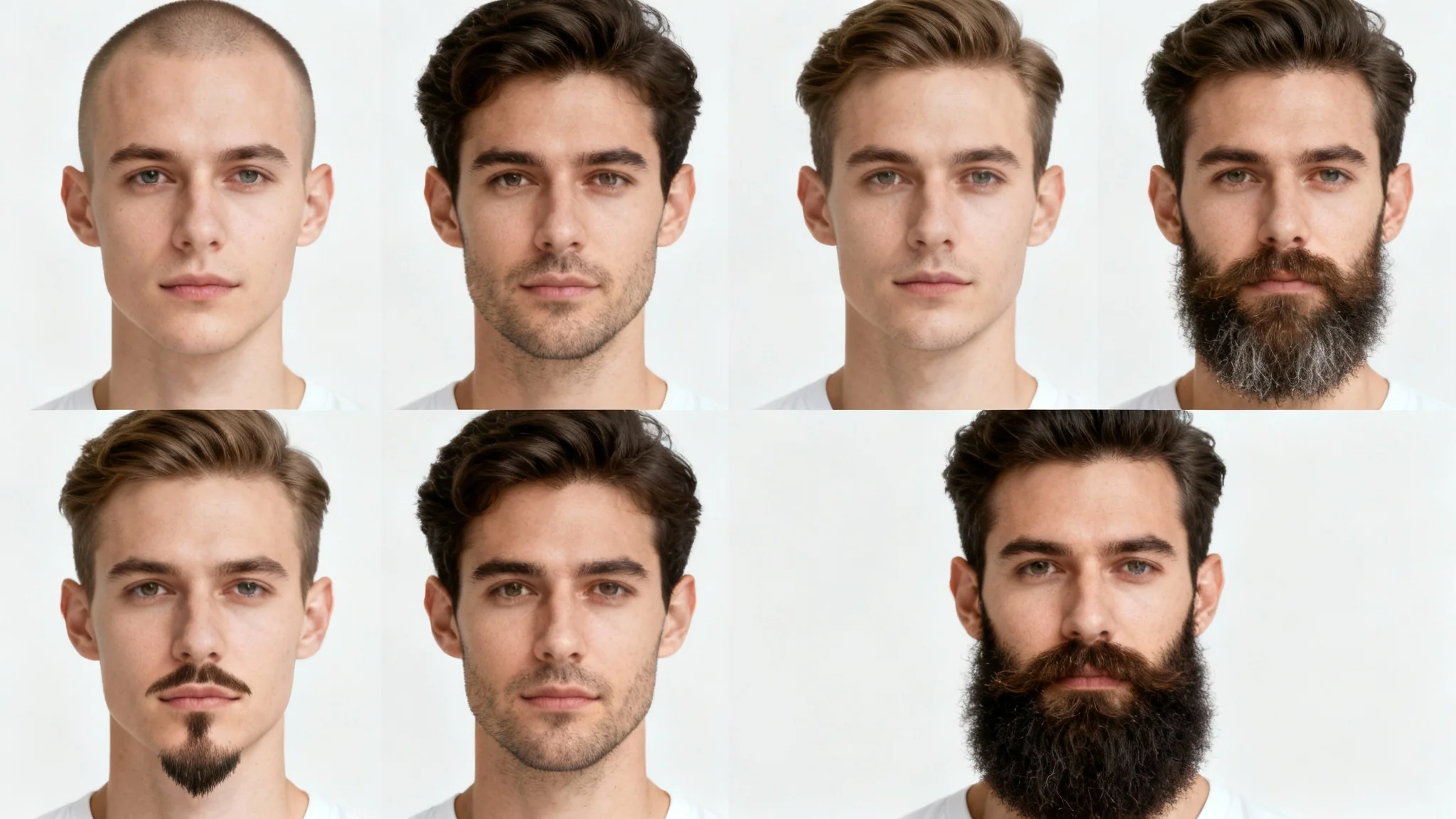 A grid of four images showing the same man's face with different beard styles: clean-shaven, stubble, a goatee, and a full beard, demonstrating the options of an AI beard generator.