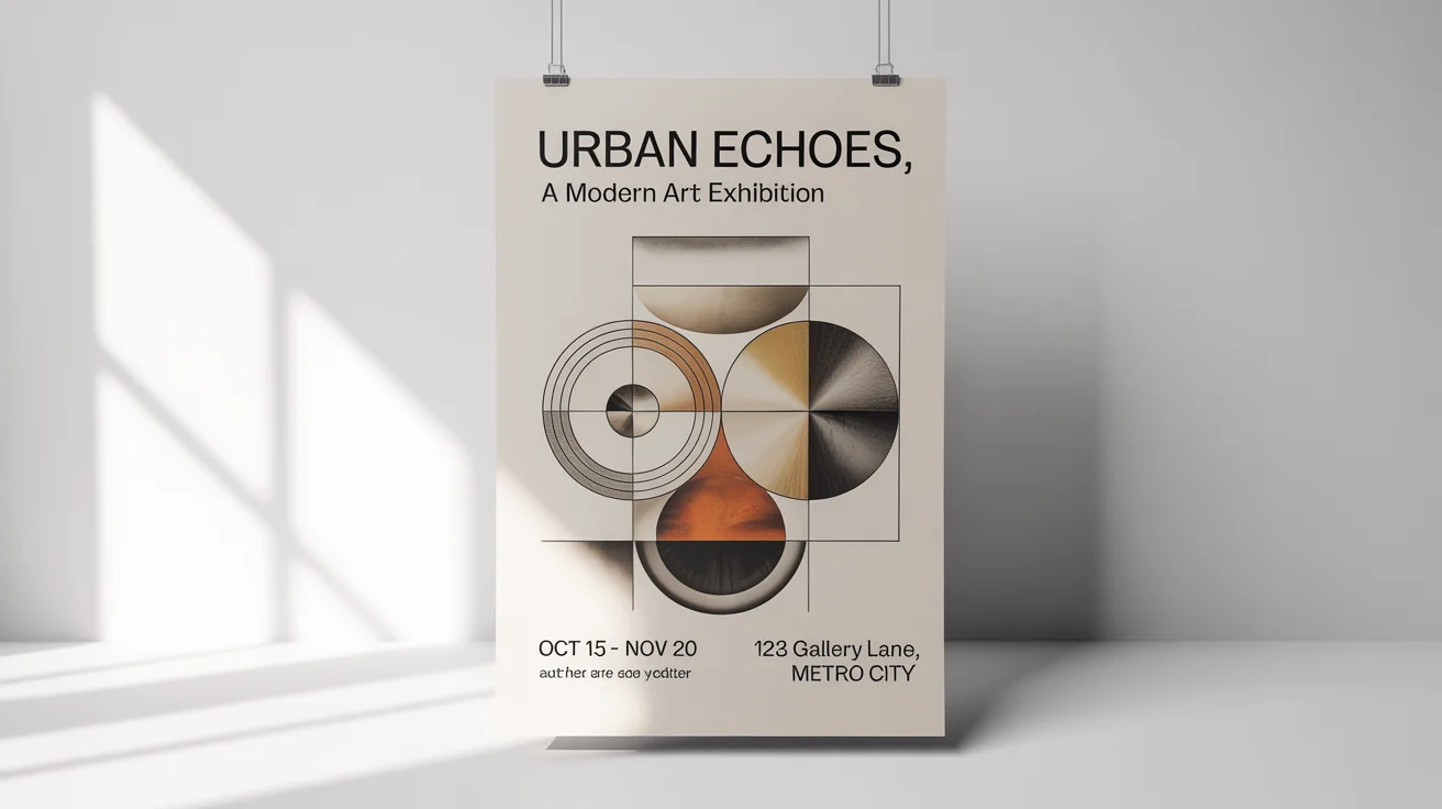 A modern, minimalist poster for a contemporary art exhibition called 'Urban Echoes', featuring abstract geometric designs and event details on a clean white background.