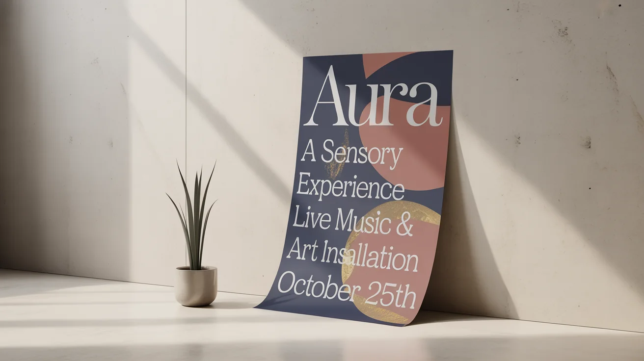 A mockup of a clean, modern poster for a fictional event called 'AURA', featuring geometric designs and leaning against a white wall.