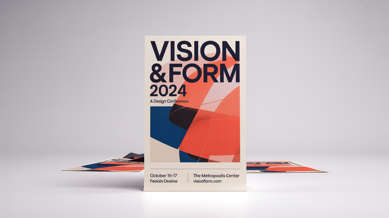 A clean, modern poster for a fictional design conference titled 'Vision & Form 2024', featuring abstract geometric shapes and displayed against a plain white background.