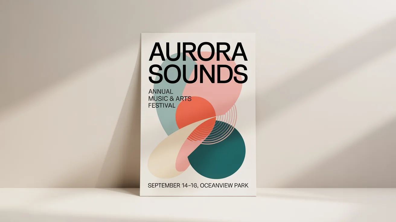 A clean, modern poster mockup for a music festival called 'Aurora Sounds', featuring abstract geometric shapes in teal and coral against a white background.