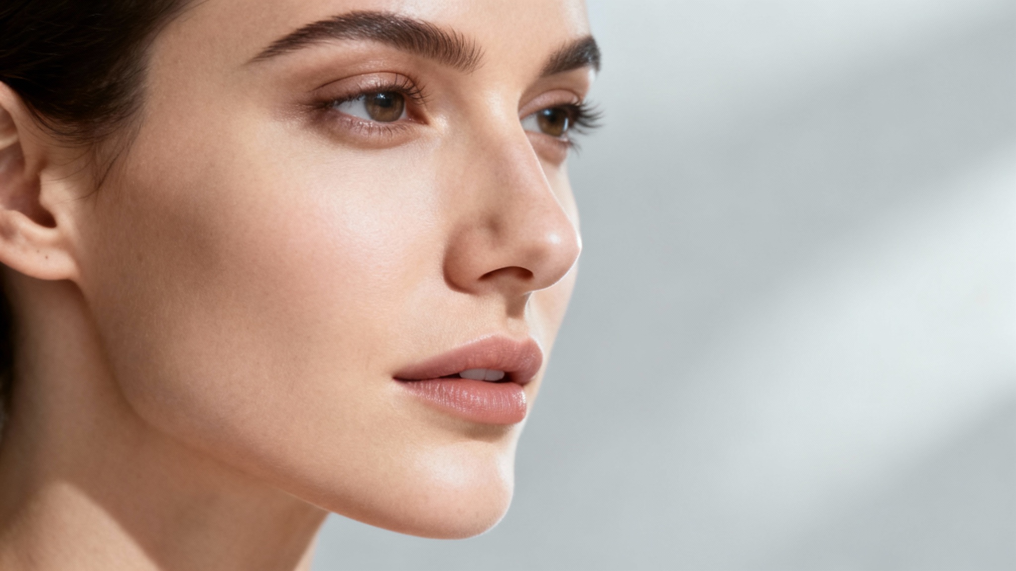 A stunning close-up portrait of a woman showcasing the final result of a digital nose reshaping tool, with her nose appearing perfectly and naturally sculpted.