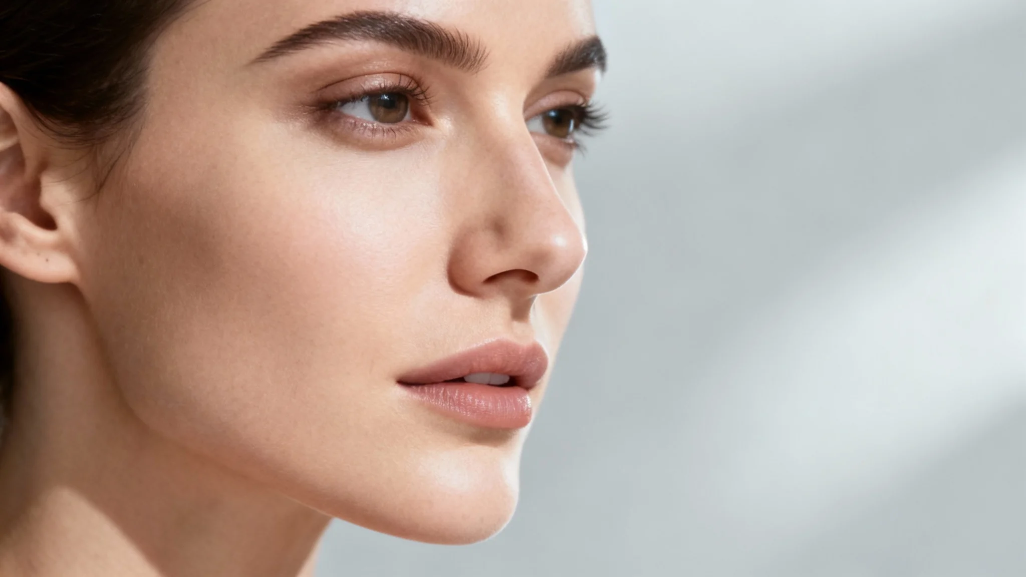 A stunning close-up portrait of a woman showcasing the final result of a digital nose reshaping tool, with her nose appearing perfectly and naturally sculpted.
