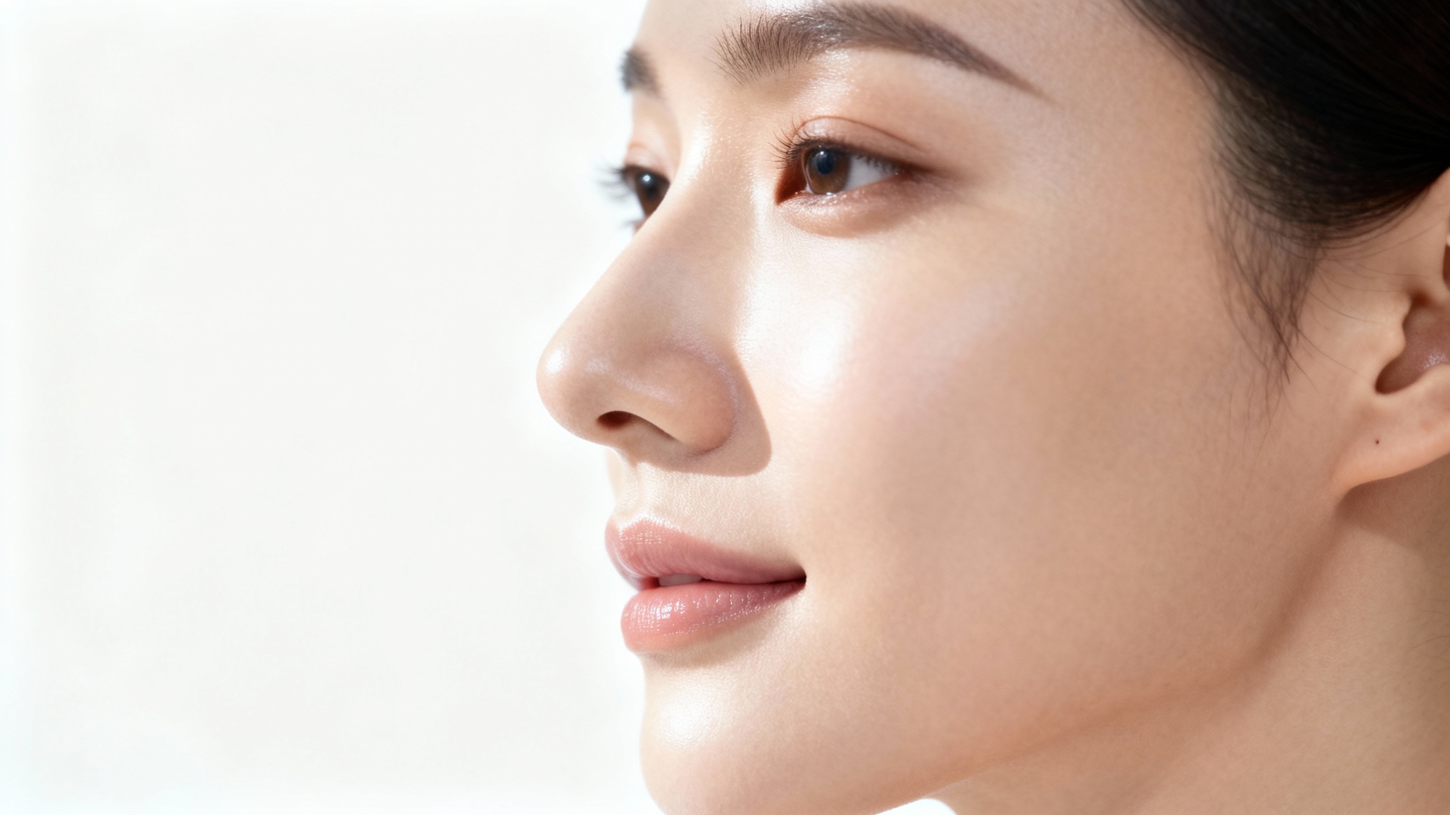 A close-up profile view of a perfectly shaped nose on a person's face, set against a sterile white background, illustrating the result of nose reshaping.