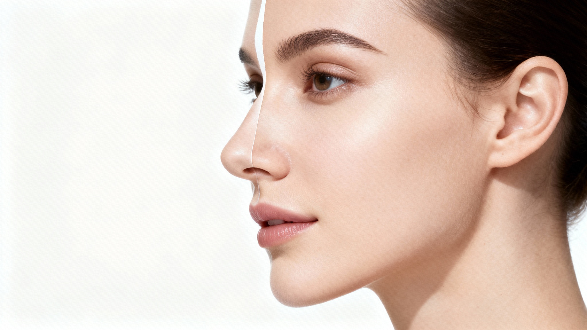 A conceptual image illustrating the results of nose reshaping, showing a split profile view of a face with a 'before' and 'after' effect on the nose against a clean white background.
