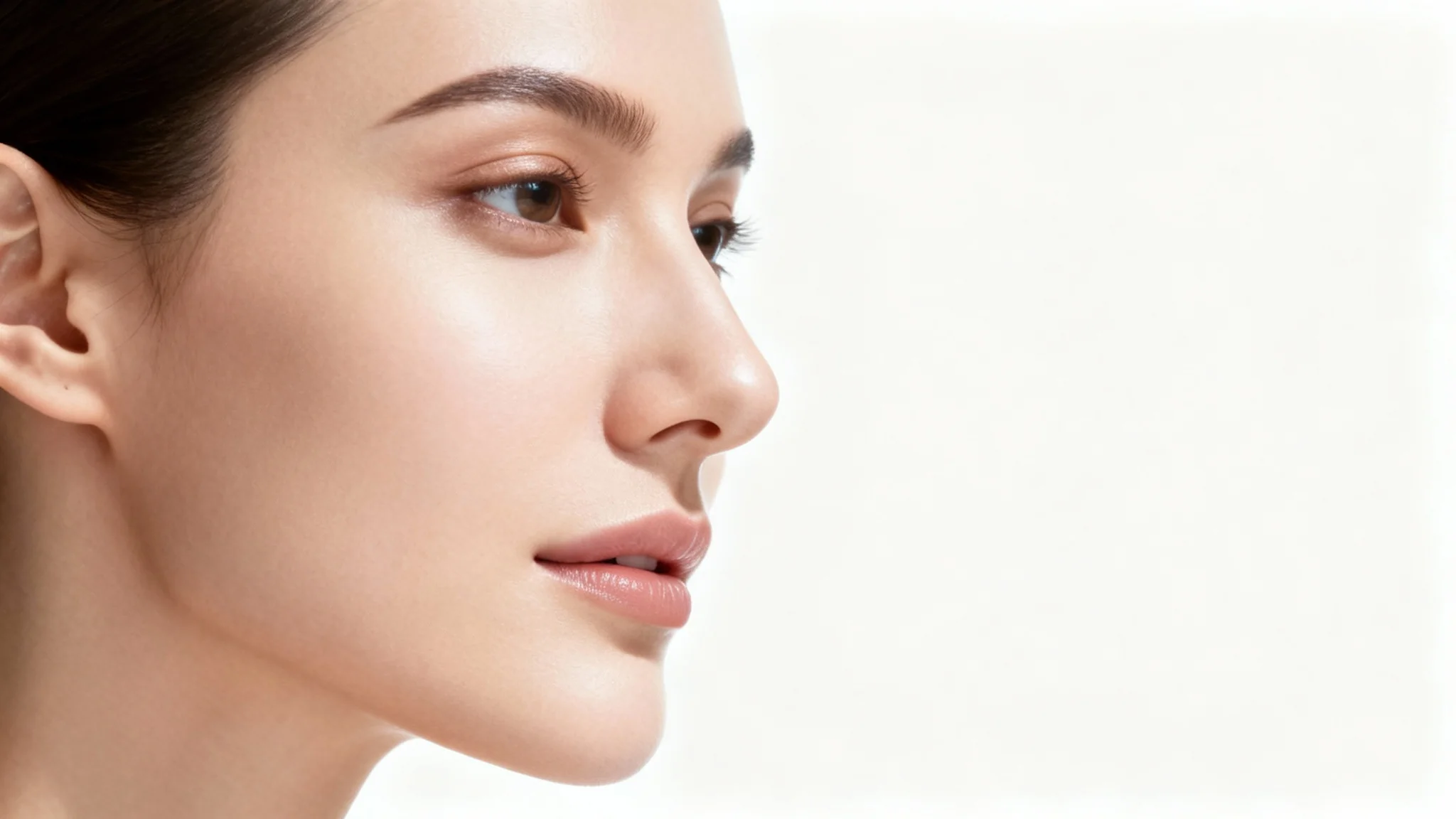 A close-up profile of a woman with a perfectly sculpted nose against a plain white background, illustrating the aesthetic result of nose reshaping.