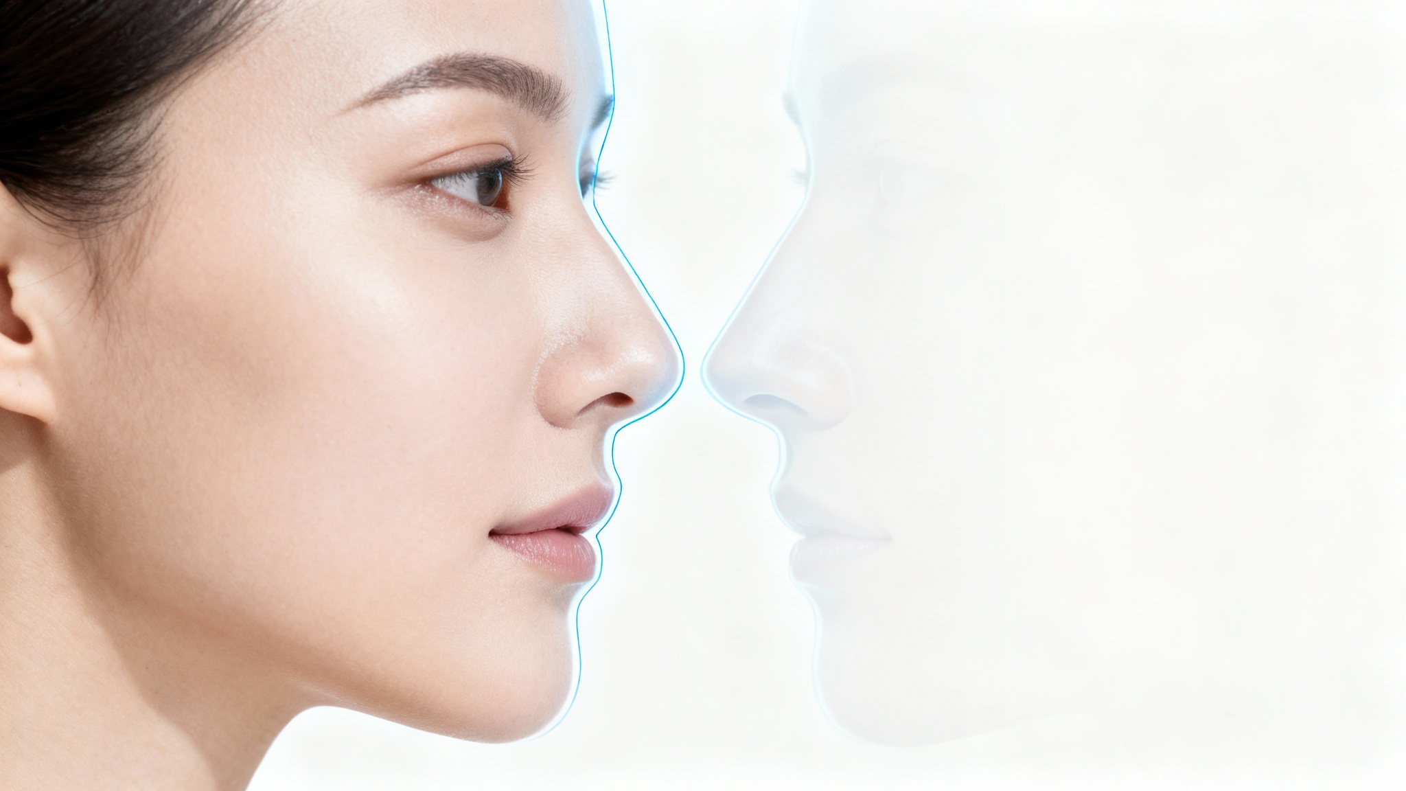 A conceptual image showing the results of nose reshaping, with a 'before' and 'after' view of a nose profile against a clean white background.