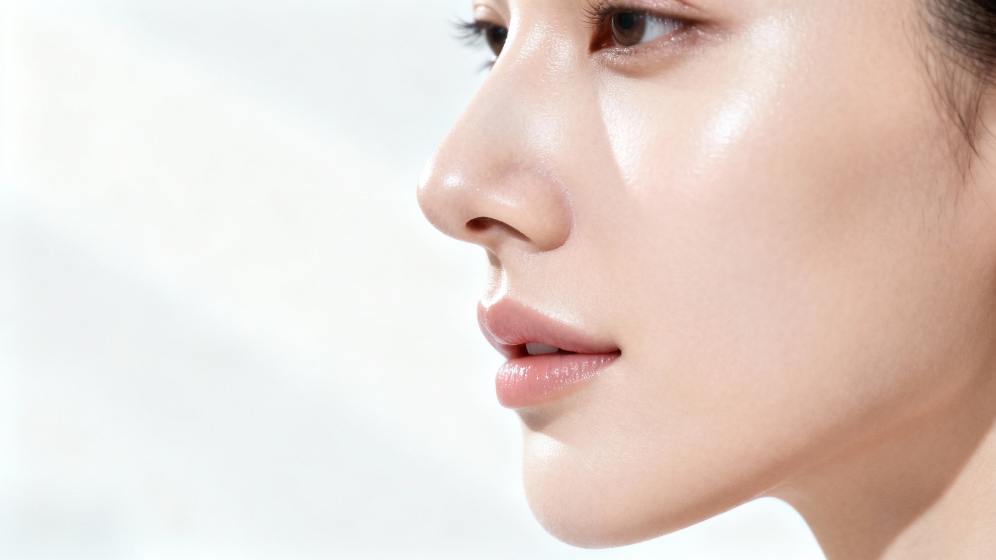 A hyper-realistic close-up of a person's facial profile against a white background, highlighting a perfectly straight and aesthetically pleasing nose, representing the result of a nose reshaping procedure.